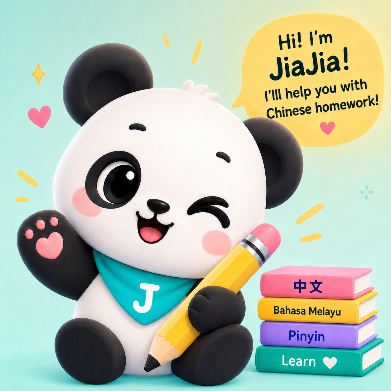 JiaJia si panda memegang pensel dengan buku Cina, Bahasa Melayu dan Pinyin